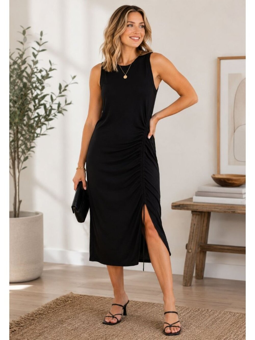 All Saints Black Ruched Bodycon Dress Side Slit Minimalist LBD 2 - Picture 1 of 9